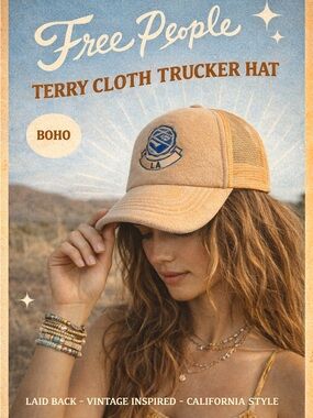 Free People LA Terry Trucker Hat Snapback Peach Embroidered Motif NWOT